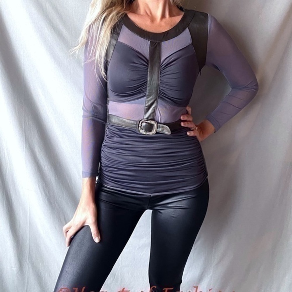Sheer Mesh Cutout Faux Leather Contrast Sexy Top - Picture 2 of 5